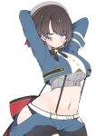  1girl absurdres arched_back armband arms_behind_back arms_up back_bow black_bow black_bowtie black_hair black_panties blue_eyes blue_jacket blue_shorts blush bow bowtie breasts buttons closed_mouth commentary cowboy_shot cropped_jacket cropped_shirt from_side grey_hat grey_shirt groin hashtag-only_commentary hat high_collar highres hip_vent hololive jacket kuma_no_bansoukou lace-trimmed_panties lace_trim large_bow large_breasts light_frown long_sleeves looking_at_viewer navel official_alternate_costume oozora_subaru oozora_subaru_(work) panties panty_peek pinstripe_pattern pinstripe_shirt red_bow sailor_hat shirt short_hair shorts simple_background solo standing star_(symbol) stomach striped_clothes striped_shirt suspender_shorts suspenders swept_bangs two-tone_bow underwear vertical-striped_clothes vertical-striped_shirt virtual_youtuber white_background wide_hips 