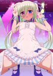  1girl blue_eyes breasts commentary_request commission double_v dress einhard_stratos green_hair heterochromia highres large_variant_set long_hair lyrical_nanoha mahou_shoujo_lyrical_nanoha_vivid mumyou_ishi parted_lips petite purple_eyes skeb_commission small_breasts solo spread_legs squatting stage stage_lights twintails v variant_set w white_dress wrist_cuffs 
