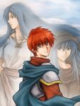  1boy 2girls adol_christin ancient_ys_vanished armor blue_hair blue_scarf commentary_request feena_(ys) hood hood_up jewelry looking_at_viewer multiple_girls necklace parted_lips reah_(ys) red_hair scarf short_hair shouki tunic white_tunic ys 