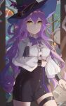  1girl absurdres black_skirt bow bowtie breasts commentary_request cowboy_shot hat highres honkai_(series) honkai_impact_3rd lk_luke long_hair medium_breasts pencil_skirt purple_bow purple_bowtie purple_hair shirt sirin sirin_(magic_academy_uniform) sirin_(miracle_magical_girl) skirt solo thigh_strap thighs very_long_hair white_shirt witch_hat yellow_eyes 