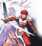  2girls adol_christin ancient_ys_vanished armor brown_gloves feena_(ys) gloves grey_eyes grey_robe holding holding_sword holding_weapon long_hair multiple_girls open_mouth pants parted_lips purple_hair reah_(ys) red_hair red_pants red_shirt retro_artstyle robe shirt sidelocks sword tower weapon xiacheng_tatsuya ys 