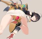  1girl ahoge atelier_(series) atelier_yumia black_hair gloves high_heels highres looking_at_viewer mole mole_under_eye purple_eyes simple_background thighs yd_(orange_maru) yumia_liessfeldt 