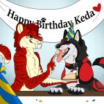  1:1 ambiguous_gender anthro birthday black_pawpads cake canid canine clothing collar dessert duo ear_piercing ear_ring eyes_closed fangs feeding felid feral food fur furniture green_eyes grey_body grey_fur hair hat headgear headwear hi_res killthe_demon male mammal markings multicolored_body multicolored_fur open_mouth party_hat pawpads piercing pink_tongue red_body red_collar red_fur red_hair ring_piercing striped_arms striped_back striped_markings striped_tail stripes table tail tail_markings teeth tongue tongue_out white_body white_fur yellow_body yellow_fur 