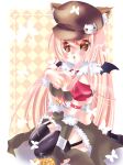  1girl absurdres adapted_costume animal_ear_headwear animal_ears bandeau black_thighhighs black_wings blush breasts brown_bandeau brown_eyes brown_hat brown_skirt cat_ears cat_hat_ornament chinese_commentary cleavage coin commentary_request fake_animal_ears full_body fur-trimmed_skirt fur_trim garter_straps hat highres long_hair looking_at_viewer medium_breasts money_bag nanami_(s881201guy) newsboy_cap no_lineart open_mouth pink_hair ragnarok_online seiza shadow_chaser_(ragnarok_online) sitting skirt solo thighhighs very_long_hair wings 