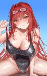  1girl absurdres beach black_one-piece_swimsuit blue_sky blush breasts cleavage commentary covered_navel covered_nipples girl_on_top goddess_of_victory:_nikke goggles goggles_on_head highres iwazaki large_breasts long_hair ocean official_alternate_costume one-piece_swimsuit open_mouth outdoors rapi_(classic_vacation)_(nikke) rapi_(nikke) rapi_(red_hood)_(nikke) red_eyes red_hair sky solo swimsuit very_long_hair wet 