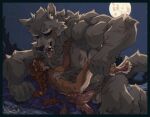 absurd_res anthro armpit_fetish armpit_hair armpit_sniffing blaidd_(elden_ring) blue_border body_hair border braided_hair canid canine canis duo elden_ring felid fromsoftware hair hi_res imminent_sex light lion long_hair male male/male mammal moon moonlight muscular muscular_male nipples outside pantherine penetration rubbing_penis size_difference sniffing spread_legs spreading to(matto)3 wolf zap_(zap_redfield)