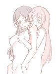  2girls bang_dream! bang_dream!_it&#039;s_mygo!!!!! biting_shoulder blue_eyes blush breasts brown_hair chihaya_anon completely_nude fang fingering grabbing_another&#039;s_breast grabbing_from_behind groping jenjen large_breasts long_hair multiple_girls nagasaki_soyo nipples nude open_mouth pink_hair protected_link reach-around simple_background smile white_background yuri 
