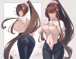  1girl ass black_pants bra breasts brown_hair cherry_blossoms clothes_lift commentary_request cosplay denim flower hair_between_eyes hair_censor hair_flower hair_intakes hair_ornament heart highres himeyamato hornet_(edwin)_(kancolle) hornet_(kancolle) hornet_(kancolle)_(cosplay) jeans kantai_collection large_breasts lifting_own_clothes long_hair navel open_mouth pants pink_bra ponytail red_eyes shirt shirt_lift short_sleeves sidelocks smile topless_female underboob underwear very_long_hair white_shirt yamato_(kancolle) 