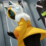 1:1 2025 ambiguous_gender black_body blue_eyes clothing coat detailed_background dialogue electronics english_text female_(lore) fitting_room headgear headphones headset hi_res humanoid latex liquid_latex mimi_(vmimi) not_furry ozoneserpent raincoat shadow_creature solo text topwear white_latex yellow_clothing