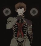  1boy 1girl absurdres amputee armless_amputee armor arms_up bandages belt black_background black_belt black_gloves black_shirt blood blood_on_armor blood_on_bandages blood_on_clothes blood_on_face blue_eyes bone bowl_cut brown_hair clothed_female_nude_male colored_skin completely_nude convenient_censoring couter crossed_belts d&#039;arce_(fear_&amp;_hunger) exposed_bone faceless faceless_female faulds fear_&amp;_hunger_(series) fear_&amp;_hunger_1 fingerless_gloves gloves gorget hair_censor hair_over_crotch hand_up hanging head_down highres knight le&#039;garde_(fear_&amp;_hunger) long_hair looking_at_viewer loose_bandages missing_limb multiple_belts no_eyebrows nude open_mouth orange_hair pauldrons plate_armor red_skin rerebrace ribs shirt short_hair shoulder_armor signature simple_background single_fingerless_glove single_glove single_vambrace spine standing teeth thighs torn_bandages torn_clothes torn_shirt upper_body vambraces very_short_hair warrior 