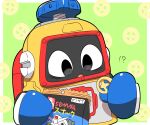  !? bag chips_(food) commentary_request food green_background gundam heybot! heybot_(character) holding holding_bag lets0020 no_humans open_mouth screw sd_gundam 