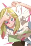  1girl absurdres blonde_hair blue_pants closed_mouth eyelashes facepaint finger_frame grey_hair highres hp45_301 long_hair looking_at_viewer mina_(pokemon) paint_in_hair paint_on_clothes pants pokemon pokemon_sm shirt sketchbook smile solo 