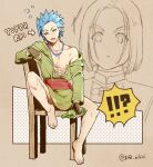  !? 2boys arrow_(symbol) barefoot bead_necklace beads blue_eyes blue_hair bottle bottomless brown_background brown_gloves camus_(dq11) chair collarbone commentary cross-laced_clothes dq_nikiri dragon_quest dragon_quest_xi drunk earrings empty_bottle feet fingerless_gloves gloves gold_earrings green_tunic hero_(dq11) holding holding_bottle hoop_earrings jewelry looking_at_viewer male_focus multiple_boys necklace nipples no_pants open_mouth parted_hair red_sash romaji_text sash short_hair single_bare_shoulder sitting spiked_hair symbol-only_commentary toes tunic twitter_username 