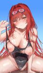  1girl absurdres beach black_one-piece_swimsuit blue_sky blush breasts censored cleavage clothing_aside commentary_request covered_navel girl_on_top goddess_of_victory:_nikke goggles goggles_on_head highres iwazaki large_breasts long_hair mosaic_censoring nipples ocean official_alternate_costume one-piece_swimsuit open_mouth outdoors rapi_(classic_vacation)_(nikke) rapi_(nikke) rapi_(red_hood)_(nikke) red_eyes red_hair sky solo swimsuit swimsuit_aside torn_clothes torn_swimsuit very_long_hair wet 