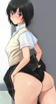  1girl amagami ass black_hair blush breasts brown_eyes clothes_lift commentary highleg highres indoors lifting_own_clothes looking_at_viewer looking_to_the_side nanasaki_ai parted_lips presenting presenting_ass school_uniform shadow short_hair skirt skirt_lift small_breasts swimsuit swimsuit_under_clothes thighs window yoo_tenchi 