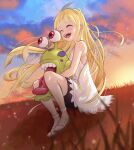  1girl black_shorts blonde_hair closed_eyes cloud cloudy_sky digimon digimon_(creature) digimon_world_-next_0rder- dress evening fireflies frilled_dress frills grass long_hair luche numemon omeka_gamma open_mouth sandals shorts shorts_under_dress sitting sky sleeveless sleeveless_dress smile sunset teeth tongue tongue_out upper_teeth_only white_dress white_sandals 