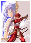  1boy 1girl adol_christin ancient_ys_vanished armor blue_eyes border brown_gloves commentary_request drawing_sword feena_(ys) gloves holding holding_sword holding_weapon long_sleeves looking_ahead looking_at_viewer open_mouth pants parted_lips purple_hair red_hair red_pants red_tunic retro_artstyle short_hair sword tunic weapon white_border xiacheng_tatsuya ys 