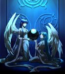  2girls ancient_ys_vanished blue_hair breasts cleavage closed_mouth feena_(ys) holding jewelry kneeling light_particles long_hair looking_at_another multiple_girls necklace noooooe_(pixiv_2819048) reah_(ys) robe siblings sisters very_long_hair white_robe white_wings wings ys 