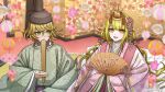  1boy 1girl :d :o absurdres arisugawa_saori blonde_hair blush copyright_notice folding_screen green_eyes hand_fan hat highres hinamatsuri holding holding_fan japanese_clothes jewelry karaginu_mo kimono layered_kimono long_hair looking_at_another looking_at_viewer official_art orange_eyes ring shirokane_haru short_hair smile sokutai tate_eboshi tribe_nine twintails 