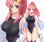  1girl alternate_costume blue_eyes breasts commentary_request commission competition_swimsuit dated gundam gundam_seed gundam_seed_freedom hair_ornament highleg highleg_one-piece_swimsuit highres jacket lacus_clyne large_breasts long_hair looking_at_viewer one-piece_swimsuit open_clothes open_jacket pink_hair pixiv_commission ponytail revision shiny_skin smile solo swimsuit thighhighs thighs yoo_tenchi zoom_layer 