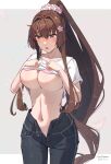  1girl ass black_pants bra breasts brown_hair cherry_blossoms clothes_lift commentary_request cosplay denim flower hair_between_eyes hair_censor hair_flower hair_intakes hair_ornament heart highres himeyamato hornet_(edwin)_(kancolle) hornet_(kancolle) hornet_(kancolle)_(cosplay) jeans kantai_collection large_breasts lifting_own_clothes long_hair navel open_mouth pants pink_bra ponytail red_eyes shirt shirt_lift short_sleeves sidelocks smile solo underboob underwear very_long_hair white_shirt yamato_(kancolle) 