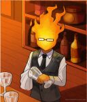 5_fingers alcohol_bottle artist_name bartender black_clothing black_topwear black_vest button_(fastener) clothing collared_shirt container countertop cup detailed_background digital_drawing_(artwork) digital_media_(artwork) dress_shirt drinking_glass earless elemental_creature elemental_humanoid eyeless eyewear faceless fingers fire fire_creature fire_humanoid flaming_hair floor glass glass_container glass_cup glasses grillby half-length_portrait holding_glass holding_object humanoid mouthless necktie noseless o0o0o5959 orange_background portrait pseudo_hair rectangular_glasses shirt simple_background solo text topwear towel undertale undertale_(series) vest waiter white_clothing white_shirt white_topwear wine_glass wood wood_floor