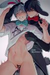 2boys alien_stage animal_ears black_hair blue_bow blue_bowtie bottomless bow bowtie censored chinese_commentary clenched_teeth clothed_sex clothes_lift commentary_request cum cum_in_pussy cuntboy cuntboy_with_male drooling grabbing_another&#039;s_ear grey_hair hand_on_another&#039;s_ear highres ivan_(alien_stage) male_focus multiple_boys navel nipple_stimulation nipple_tweak penis pussy rabbit_boy rabbit_ears rabbit_tail red_bow red_bowtie salmon_(657931354) sex shirt_lift short_hair simple_background standing standing_sex suit tail teeth till_(alien_stage) vaginal white_background 