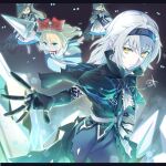  1girl absurdres alice_margatroid black_capelet black_gloves black_hairband bow capelet closed_mouth commission elbow_gloves gloves hair_bow hairband highres medium_hair noshiro_tomoya pixiv_commission red_bow serious shanghai_doll standing touhou white_hair yellow_eyes 