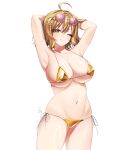  1girl absurdres ahoge anis_(nikke) anis_(sparkling_summer)_(nikke) bikini breasts brown_hair cleavage commentary duplicate english_commentary eyepatch_bikini eyewear_on_head goddess_of_victory:_nikke gold_bikini highres jewelry large_breasts looking_at_viewer necklace official_alternate_costume pixel-perfect_duplicate short_hair smile solo sunglasses swimsuit white_bikini yu_uyake15 