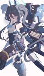  1girl absurdres aris_(blue_archive) aris_(mecha_suit)_(blue_archive) bare_shoulders black_hair black_thighhighs blue_archive blue_boots blue_eyes blue_leotard blue_necktie boots bracer closed_mouth detached_sleeves expeddddd hair_between_eyes highres knee_boots leotard long_bangs long_hair looking_at_viewer mecha_pilot_suit multicolored_leotard necktie official_alternate_costume official_alternate_hairstyle sidelocks smile solo standing standing_on_one_leg thighhighs twintails very_long_hair 