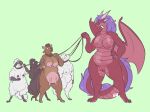 2016 areola biped black_body black_fur black_wool bovid bovine breasts brown_body caprine cattle colored dragon female fur genitals green_background group hair hhazard hooves horn imminent_death imminent_vore leash licking licking_lips livestock mammal membrane_(anatomy) membranous_wings mythological_creature mythological_scalie mythology navel nipples non-mammal_breasts non-mammal_nipples nude purple_hair pussy red_body scalie scared sheep simple_background standing tail teats tongue tongue_out udders white_body white_fur white_wool wings wool_(fur)