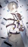  1boy absurdres blue_eyes covered_mouth hand_on_own_elbow hand_up highres kirisaki_shidou looking_to_the_side milgram mole mole_on_cheek onyang solo straitjacket tag 