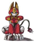 1girl all_fours armor blue_eyes cable full_body helmet highres humanoid_robot medarot mota_saru peppercat red_armor red_helmet robot robot_cat simple_background solo white_background 