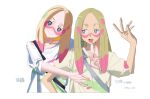  1girl :d artist_name blonde_hair blue_eyes closed_mouth eyelashes facepaint grey_eyes highres hp45_301 long_hair looking_at_viewer looking_to_the_side mina_(pokemon) open_mouth paint_in_hair paint_on_clothes pokemon pokemon_sm shirt short_sleeves smile translation_request upper_body 