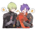  2boys ^_^ arm_up armor black_cape black_gloves brown_gloves cape closed_eyes closed_mouth commentary_request cropped_torso eyelashes fire_emblem fire_emblem:_three_houses fire_emblem_warriors:_three_hopes gloves gorget green_eyes green_hair hair_between_eyes holding image_in_speech_bubble image_in_thought_bubble kuhaha light_smile male_byleth_(enlightened)_(fire_emblem) male_byleth_(fire_emblem) male_focus male_shez_(fire_emblem) multiple_boys no_nose open_mouth parted_bangs pauldrons purple_hair short_hair shoulder_armor simple_background speech_bubble thought_bubble tongue upper_body white_background 