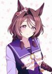  1girl animal_ears bow bowtie braid braided_ponytail brown_hair cherry_blossoms closed_mouth dated ear_ornament flower-shaped_pupils hair_intakes hair_tubes happy_birthday hi_(ibisf5umauma) highres horse_ears long_hair long_sleeves petals pink_eyes purple_shirt sailor_collar sakura_chitose_o_(umamusume) school_uniform shirt smile solo symbol-shaped_pupils tracen_school_uniform twitter_username umamusume upper_body very_long_hair 