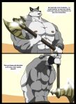 2017 abs anthro arena axe big_muscles bottomwear canid canine canis clothed clothing comic fur gladiator grey_body grey_fur hi_res huge_muscles kraso_(xxsparcoxx) male mammal multicolored_body multicolored_fur multiple_scenes muscular muscular_anthro muscular_male open_mouth pecs solo spanish_text speech_bubble teeth text two_tone_body two_tone_fur warrior weapon white_body white_fur wolf xxsparcoxx