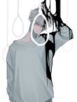  1boy adam's_apple collarbone cowboy_shot grey_hair grey_pants grey_shirt hair_between_eyes hand_on_own_head highres looking_at_viewer male_focus nose original pants parted_lips rope shirt short_hair simple_background solo taiyakitarou teeth white_eyes 