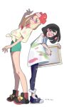  2girls ;d absurdres artist_name black_hair black_shoes blonde_hair blue_eyes closed_mouth cosplay costume_switch facepaint from_side full_body green_shorts hat highres holding_portrait hp45_301 long_hair looking_at_viewer mina_(pokemon) mina_(pokemon)_(cosplay) multiple_girls one_eye_closed open_mouth paint_in_hair paint_on_clothes pants pokemon pokemon_sm portrait_(object) red_hat selene_(pokemon) selene_(pokemon)_(cosplay) shirt shoes short_hair short_shorts short_sleeves shorts smile teeth tied_shirt torn_clothes torn_pants upper_teeth_only white_background 