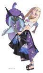  1girl :d absurdres artist_name black_sandals black_skirt blonde_hair blue_eyes crop_top facepaint from_side full_body highres hp45_301 long_hair long_skirt looking_at_viewer midriff mina_(pokemon) mina_(sygna_suit)_(pokemon) official_alternate_costume open_mouth paint_in_hair pokemon pokemon_(creature) pokemon_masters_ex sandals skirt smile tapu_fini white_background 