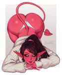  1girl absurdres artist_name ass black_hair black_sclera charlotte_(succuboos) colored_sclera colored_skin demon_girl demon_tail highres huge_ass long_hair looking_at_viewer original panties pointy_ears ponytail red_eyes red_skin ribbed_sweater solo succuboos sweater tail top-down_bottom-up underwear white_panties white_sweater 