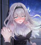  1girl 1other absurdres bare_shoulders black_dress black_hairband blue_pupils blush breasts collarbone commentary_request dress firefly_(honkai:_star_rail) firefly_(on_the_journey)_(honkai:_star_rail) grey_hair hairband highres honkai:_star_rail honkai_(series) interlocked_fingers large_breasts long_hair multicolored_eyes night night_sky official_alternate_costume open_mouth outdoors pov purple_hair sky smile tefutefufu trailblazer_(honkai:_star_rail) turtleneck turtleneck_dress two-tone_eyes variant_set 