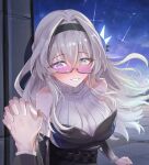  1girl 1other absurdres bare_shoulders black_dress black_hairband blue_pupils blush breasts collarbone commentary_request dress firefly_(honkai:_star_rail) firefly_(on_the_journey)_(honkai:_star_rail) grey_hair grin hairband highres honkai:_star_rail honkai_(series) interlocked_fingers large_breasts long_hair multicolored_eyes night night_sky official_alternate_costume outdoors pov purple-tinted_eyewear purple_eyes semi-rimless_eyewear sky smile sunglasses tefutefufu tinted_eyewear trailblazer_(honkai:_star_rail) turtleneck turtleneck_dress two-tone_eyes under-rim_eyewear upper_body variant_set 