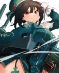 1girl ascot beret black_gloves black_hair blue_hat blush breasts garter_straps gloves hat highres kantai_collection large_breasts looking_at_viewer military military_uniform red_eyes rigging ship_turret short_hair signature skirt smile sunday_aki takao_(kancolle) upper_body white_background 