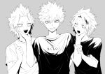  3boys arms_up bakugou_katsuki boku_no_hero_academia commentary_request crew_neck curtained_hair greyscale hand_on_another&#039;s_arm hand_on_another&#039;s_chin highres kaminari_denki kirishima_eijiro looking_at_another looking_at_viewer male_focus monochrome multicolored_hair multiple_boys neminemisho open_mouth sharp_teeth shirt short_hair short_sleeves streaked_hair t-shirt teeth thumbs_up upper_body upper_teeth_only wide-eyed 