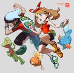  1boy 1girl :o backpack bag bare_shoulders bike_shorts black_shorts black_undershirt bow bow_hairband bracelet brendan_(pokemon) brown_hair english_commentary eyelashes fanny_pack full_body grey_background grey_eyes hair_bow hairband hat highres jewelry may_(pokemon) mega_stone mudkip open_mouth overlord_jc poke_ball poke_ball_(basic) pokemon pokemon_(creature) pokemon_oras red_bow red_hairband red_shirt shirt shoes short_hair short_sleeves shorts sleeveless sleeveless_shirt teeth torchic treecko upper_teeth_only white_hat 