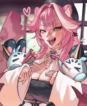  &gt;_&lt; 1girl absurdres animal_ears artist_name ascot beret black_hat blue_gemstone blurry blurry_background blush breasts chattino_(raora_panthera) cleavage coat commentary english_commentary eyeshadow fangs gem hair_intakes hat heart highres hololive hololive_english huge_breasts kaosottehkob long_hair long_sleeves looking_at_viewer makeup multicolored_hair open_mouth panther_ears panther_girl panther_tail party_hat party_horn pink_coat pink_hair pink_lips raora_panthera raora_panthera_(1st_costume) red_eyeshadow sleeves_past_wrists smile streaked_hair tail teeth tongue virtual_youtuber white_ascot yellow_eyes 