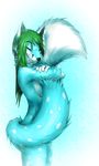  2016 absurd_res anthro black_nose blue_fur canine digital_media_(artwork) eyes_closed female fox fur green_fur green_hair hair hi_res hug long_hair mammal nude ranth ranthead simple_background smile solo spots spotted_fur standing tail_hug white_fur 