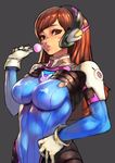  absurdres animal_print bangs blue_bodysuit bodysuit breasts brown_eyes brown_hair bunny_print candy cleavage commentary d.va_(overwatch) facepaint facial_mark food hand_on_hip headphones high_collar highres lips lollipop long_hair looking_at_viewer medium_breasts overwatch parted_lips pauldrons pilot_suit pink_lips ribbed_bodysuit skin_tight solo standing swept_bangs unizama upper_body whisker_markings 