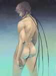  ass cable closed_eyes cyberpunk cyborg dripping expressionless ghost_in_the_shell kusanagi_motoko muscle muscular_female nude purple_hair solo standing subdermal_port toned water wet yamada_(tori_bird) 